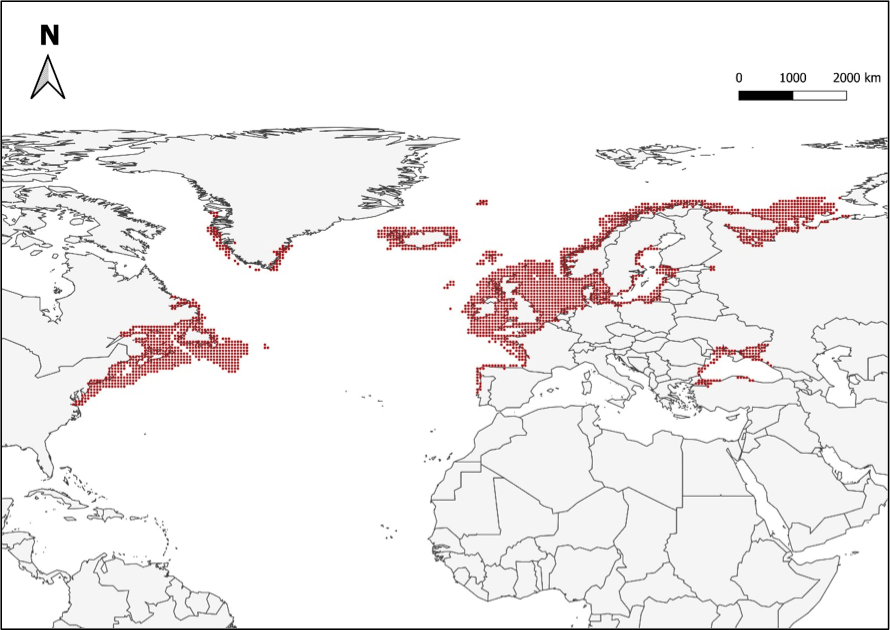 Mapa que mostra a distribuição global do salmão. Destacado em vermelho os mares da península Ibérica, Islandia, mar Báltico, e circulo polar ártico